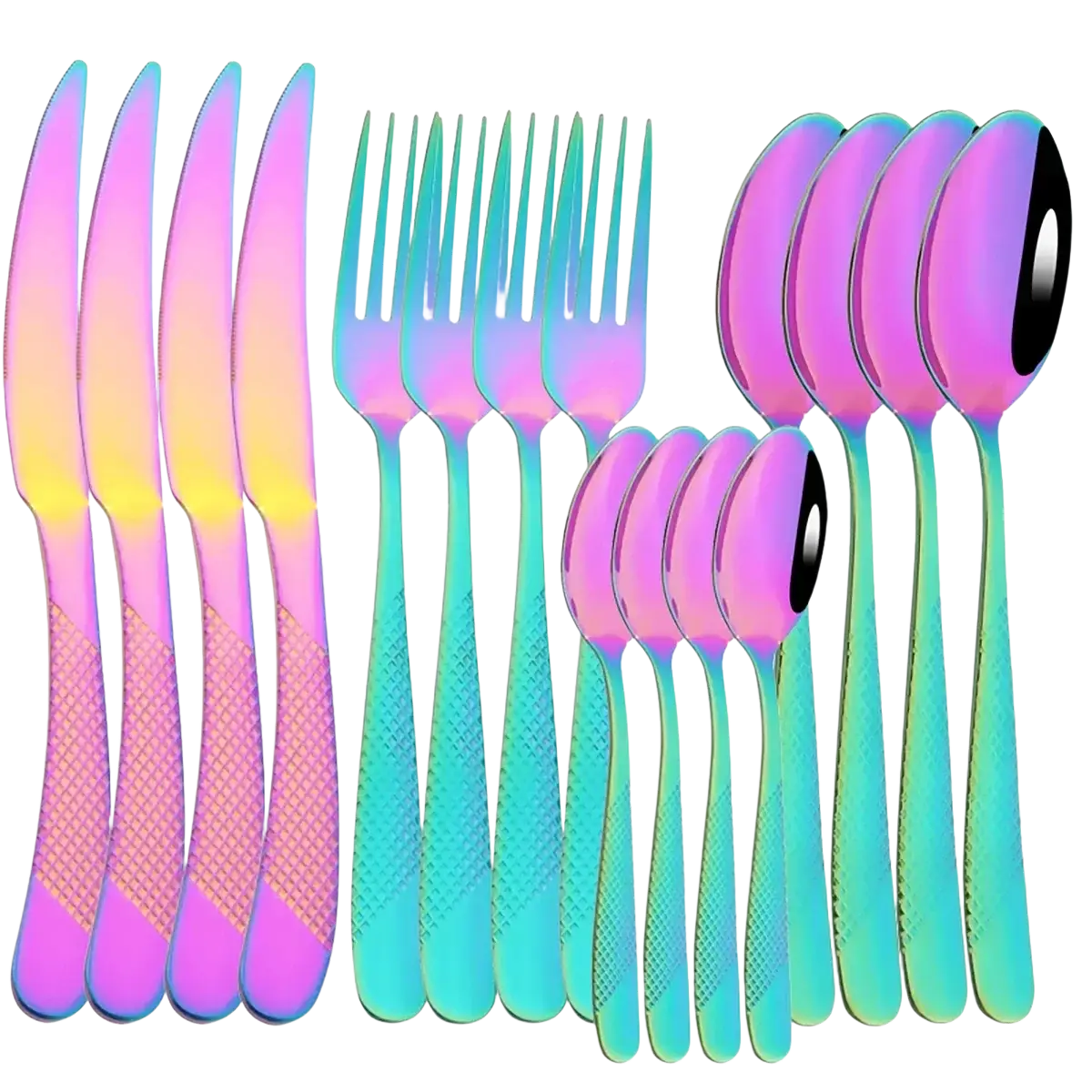 Black stainless steel cutlery set 16 pieces with rainbow iridescent finish and textured grips in a sleek modern design