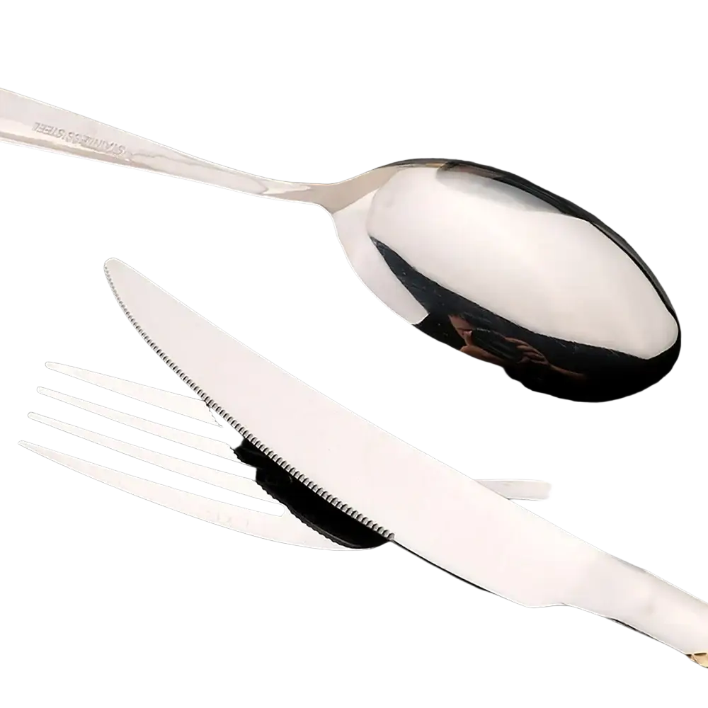 Shiny stainless steel spoon with reflective oval bowl and engraved handle from black stainless steel cutlery set 16 pieces