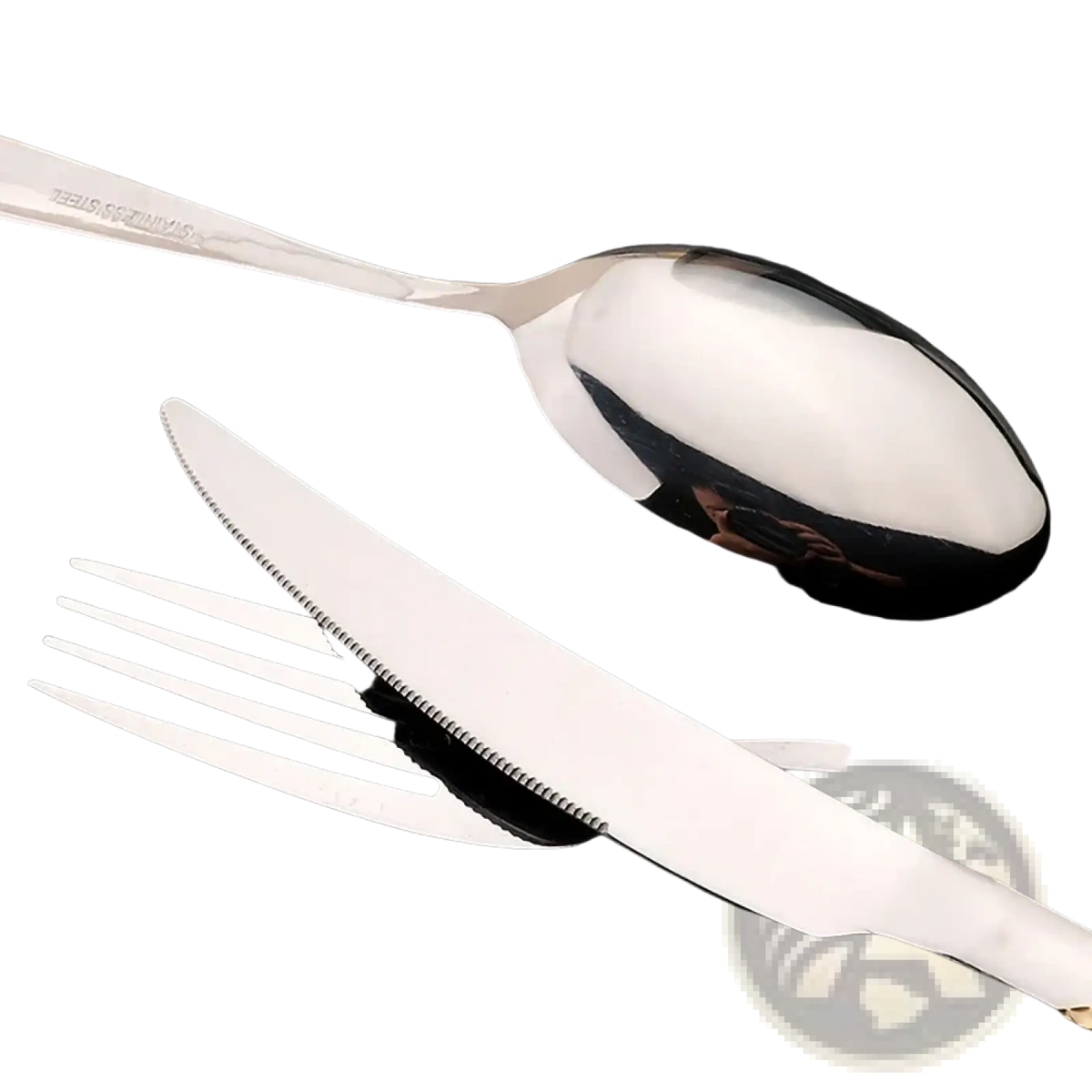 Shiny stainless steel spoon with reflective oval bowl and engraved handle from black stainless steel cutlery set 16 pieces