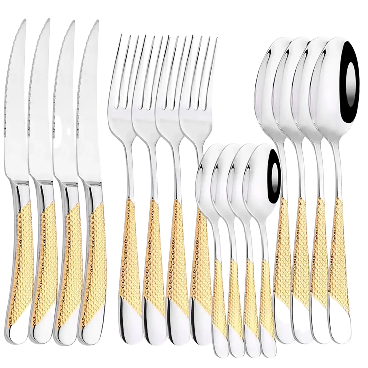 A sleek 15-piece stainless steel cutlery set with gold-tone textured handles and black-rimmed spoon bowls