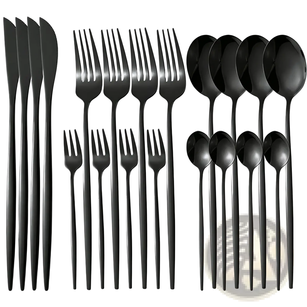 Black stainless steel cutlery set 20 pieces with black matte finish and sleek modern design made of stainless steel