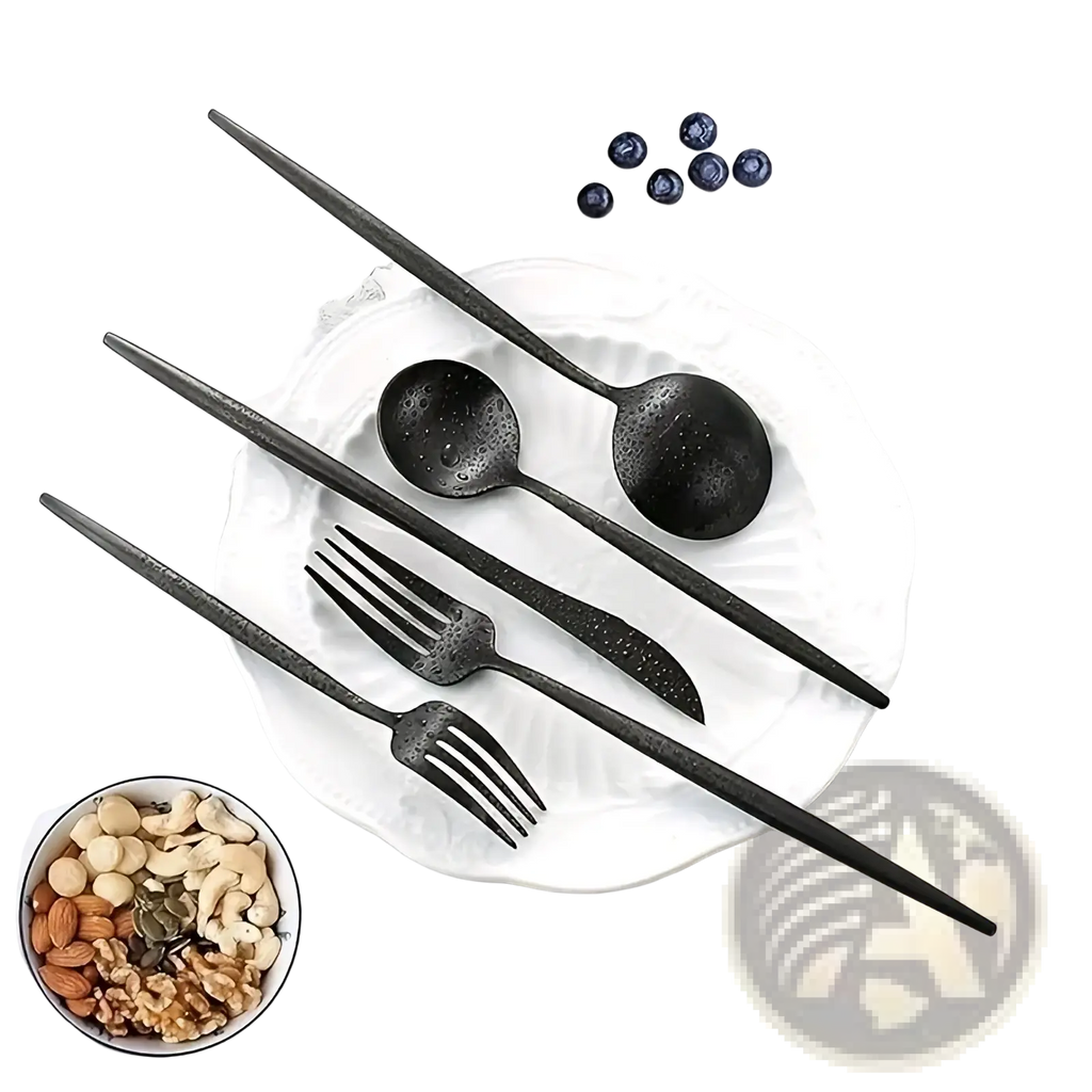 Set of 20 black stainless steel cutlery pieces with matte finish and textured speckled surface for dining use