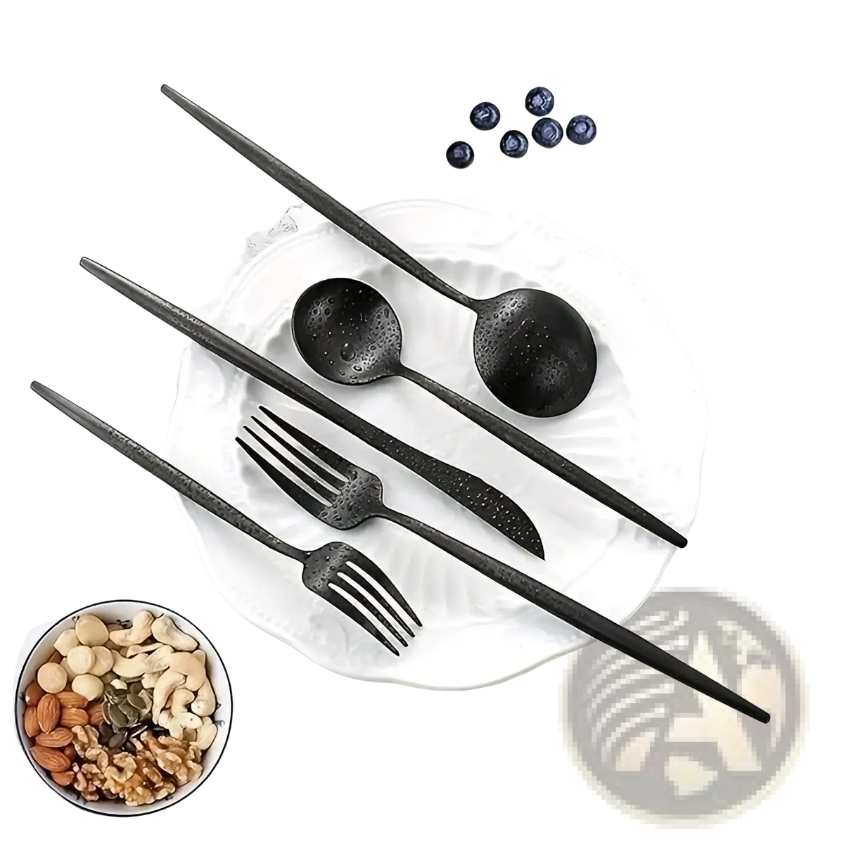 Set of 20 black stainless steel cutlery pieces with matte finish and textured speckled surface for dining use