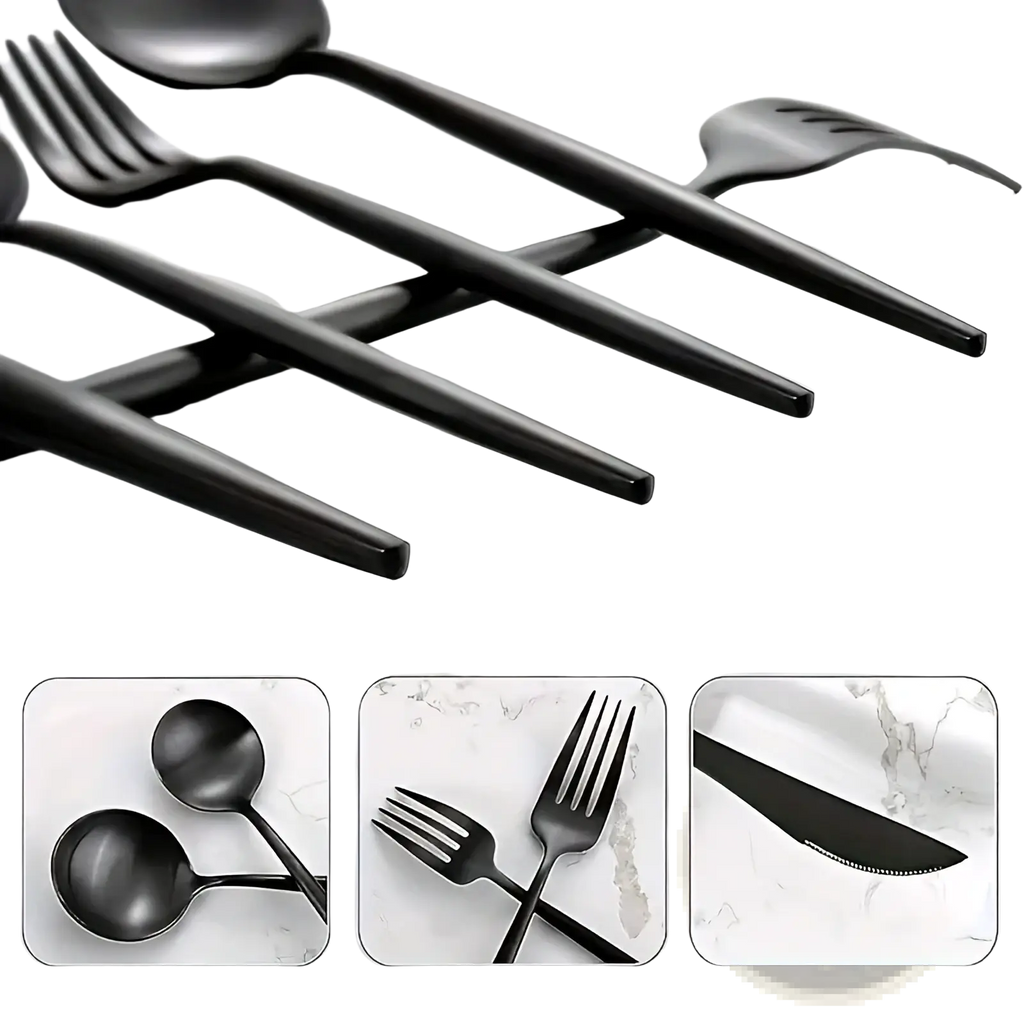 Black stainless steel cutlery set 20 pieces with black matte finish and sleek modern design for elegant dining