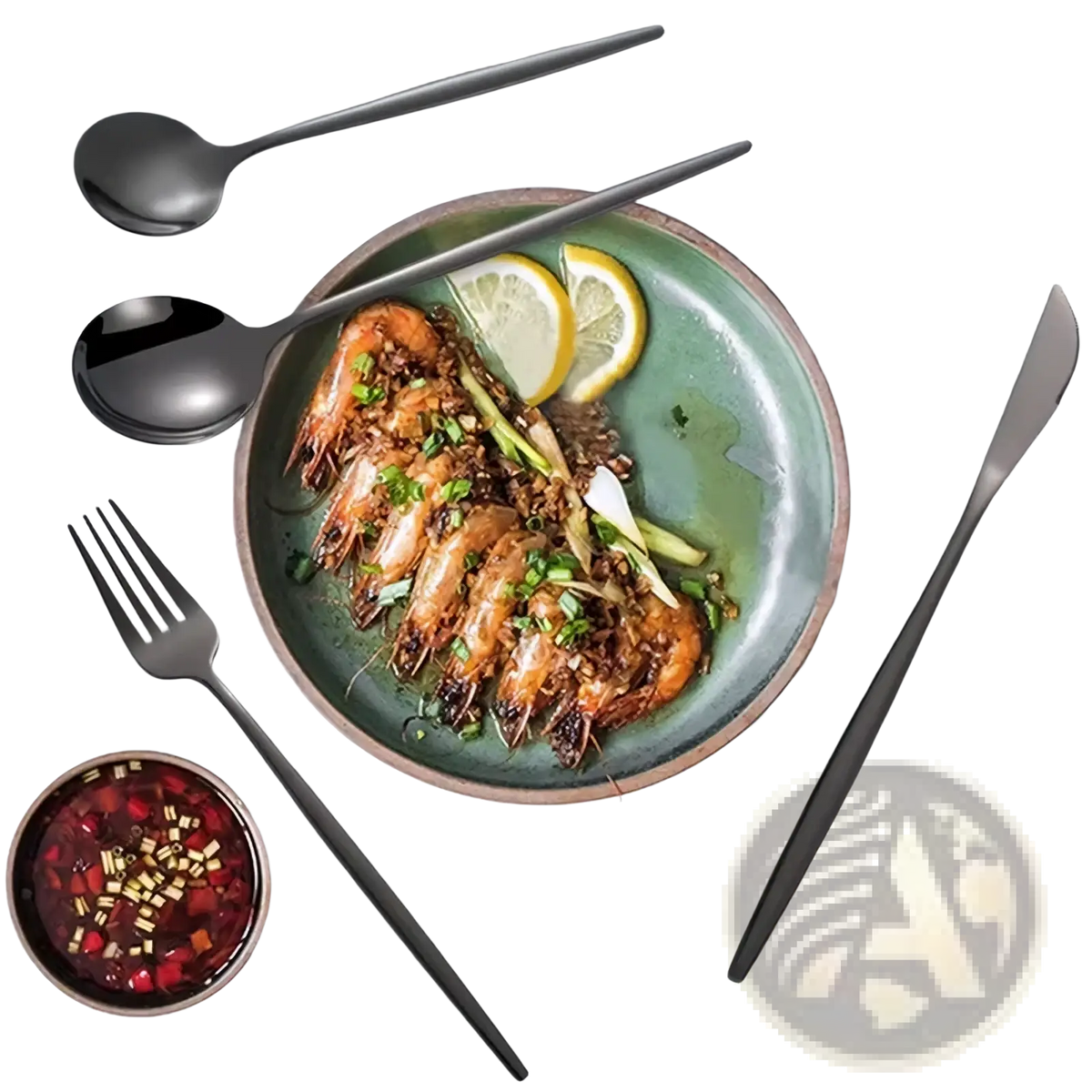 A sleek black matte-finished ceramic plate with rustic brown rim holding grilled shrimp complements black stainless steel cutlery set 20 pieces