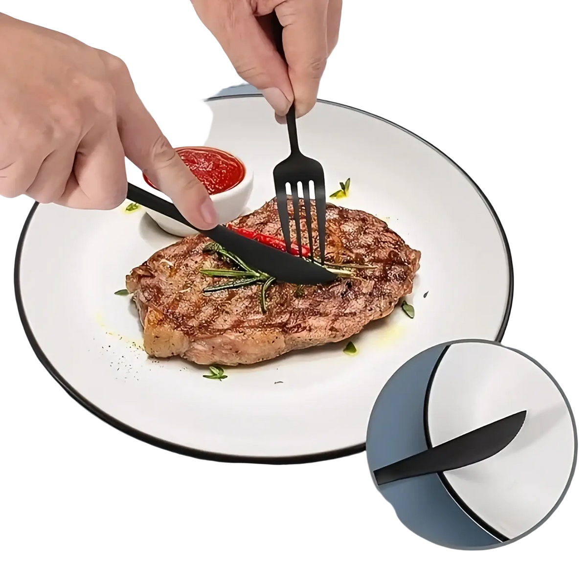 Black stainless steel cutlery set 20 pieces featuring a black matte-finish knife and fork with sleek modern design