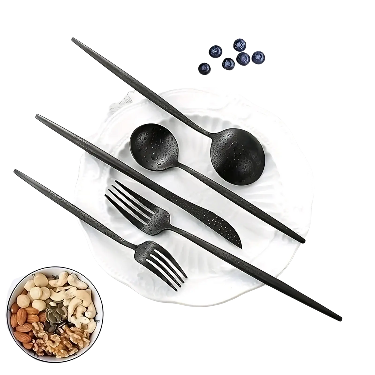 Set of 20 black stainless steel cutlery pieces with matte finish and textured speckled surface for dining use