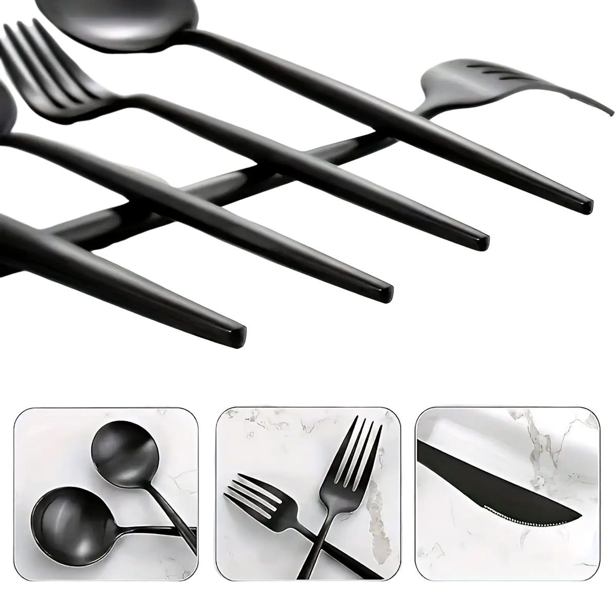 Black stainless steel cutlery set 20 pieces with black matte finish and sleek modern design for elegant dining