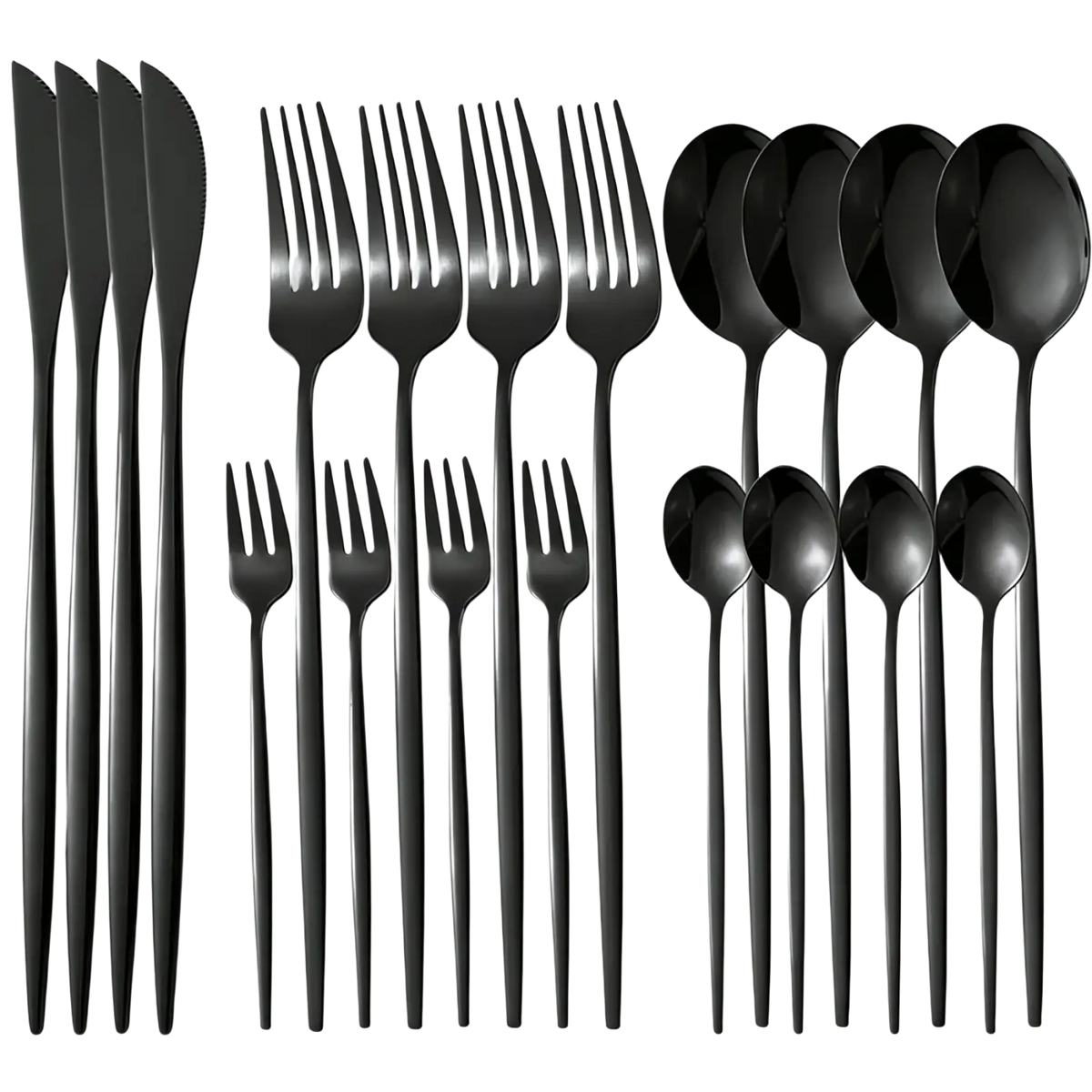 Black stainless steel cutlery set 20 pieces with black matte finish and sleek modern design made of stainless steel
