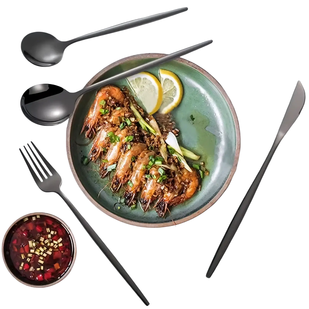 A sleek black matte-finished ceramic plate with rustic brown rim holding grilled shrimp complements black stainless steel cutlery set 20 pieces