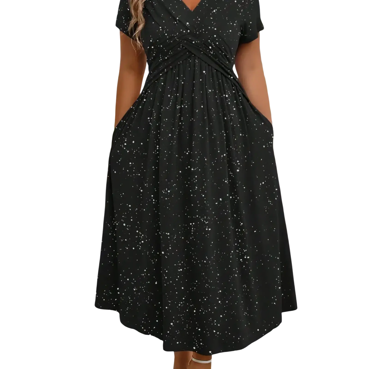 Black starry midi dress with v neckline and short sleeves featuring a subtle white sparkle pattern