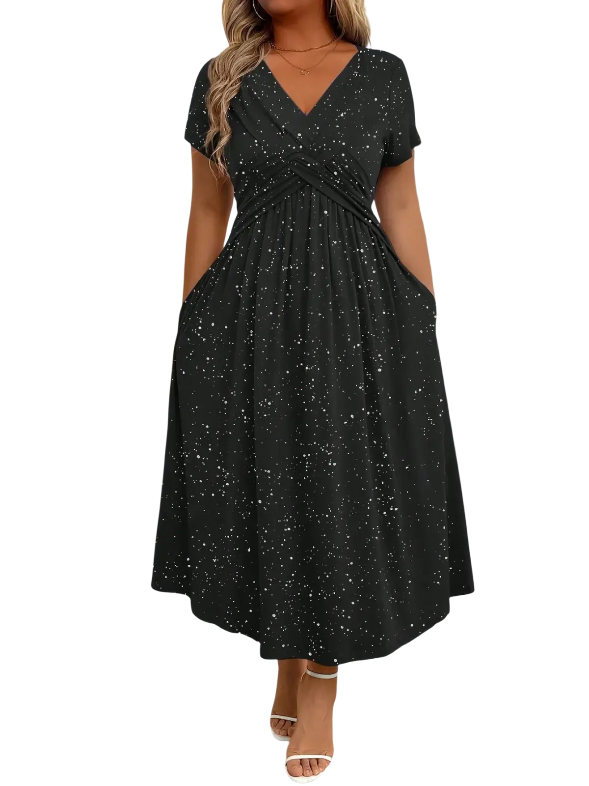 Black starry midi dress with short sleeves and v neckline featuring a subtle starry pattern on black fabric