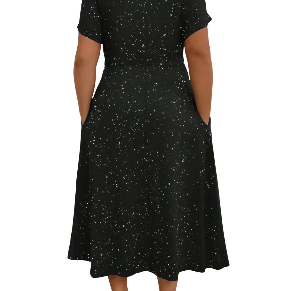 Black starry midi dress with v neck short sleeves featuring white speckle pattern on black fabric