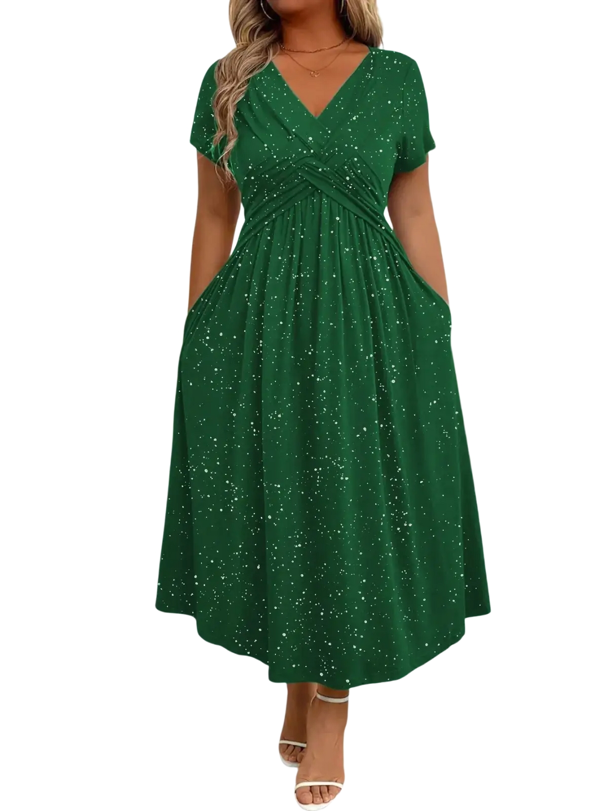 Emerald green black starry midi dress with v neckline short sleeves and subtle white speckles on fabric