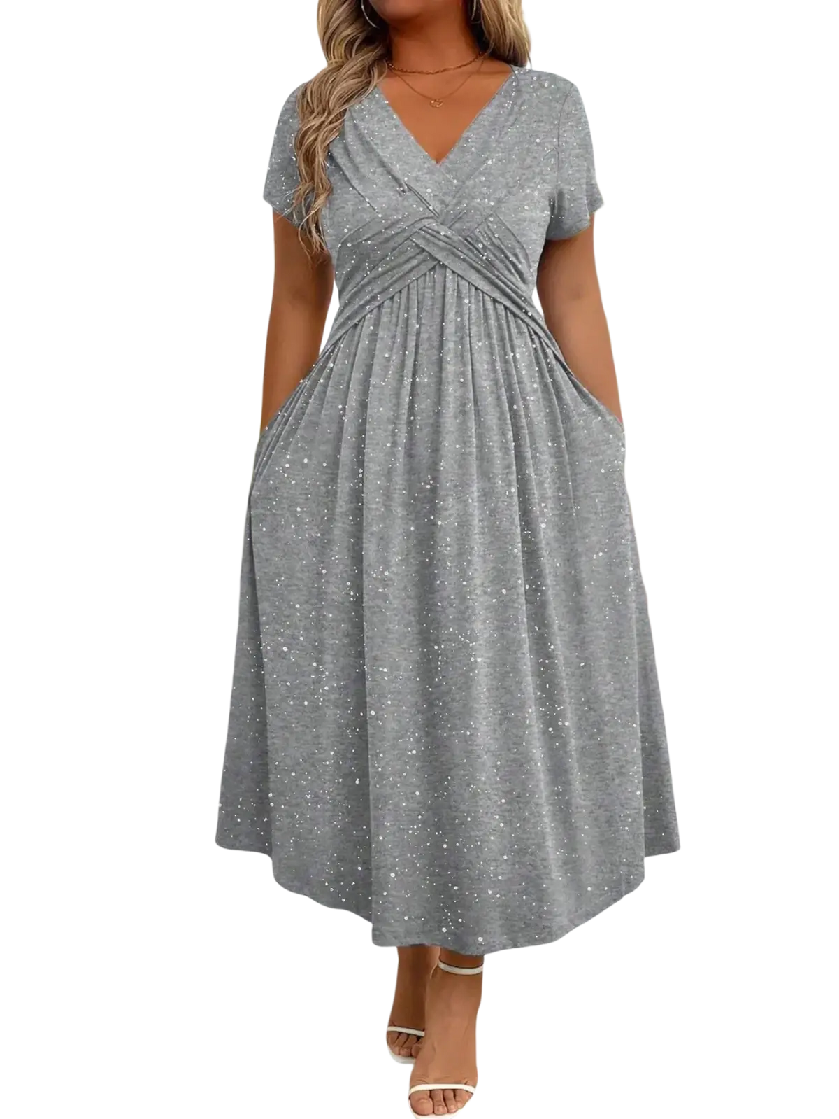 Gray sparkly black starry midi dress with v neck, short sleeves, and gathered waist for elegant occasions