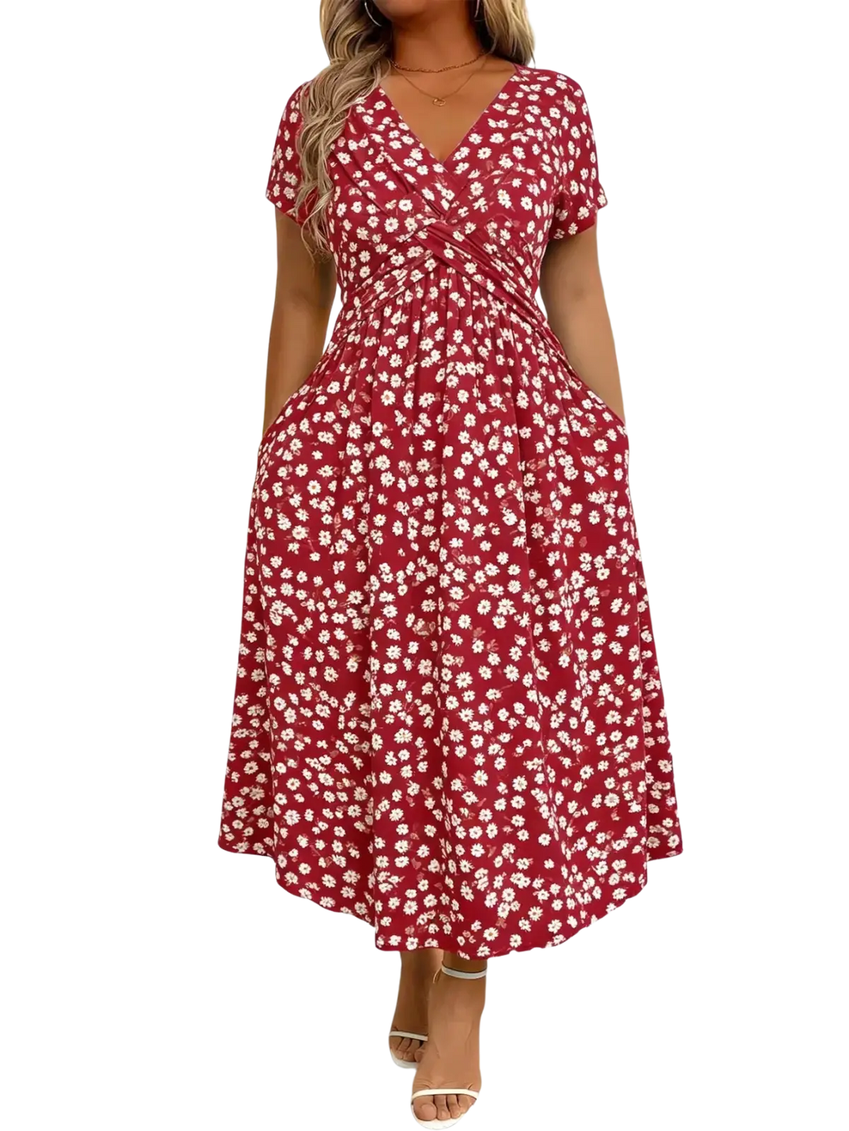 A red floral print midi dress with short sleeves and v neckline featured in the black starry midi dress collection