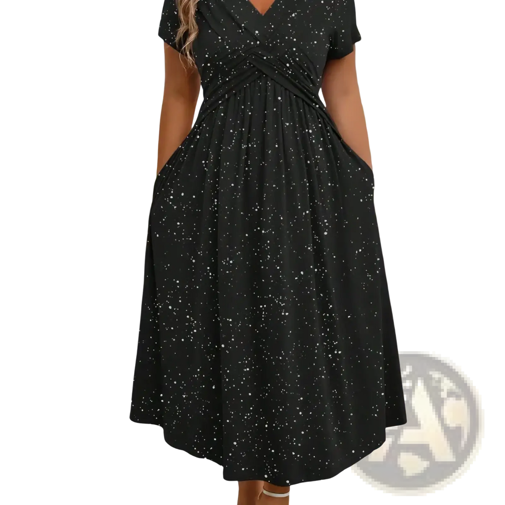 Black starry midi dress with v neckline and short sleeves featuring a subtle white sparkle pattern