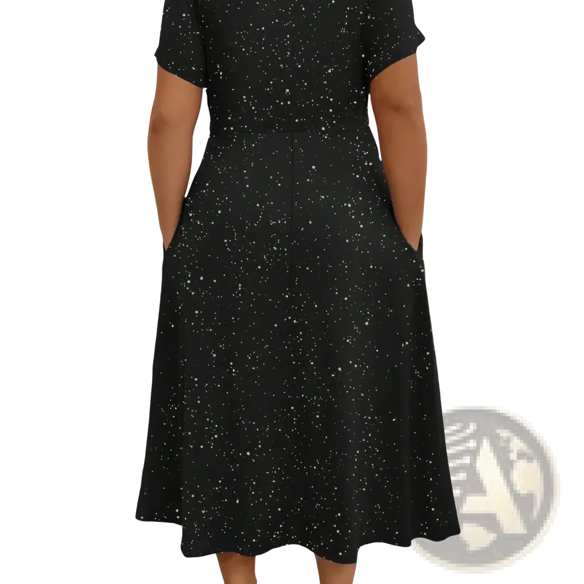 Black starry midi dress with v neck short sleeves featuring white speckle pattern on black fabric
