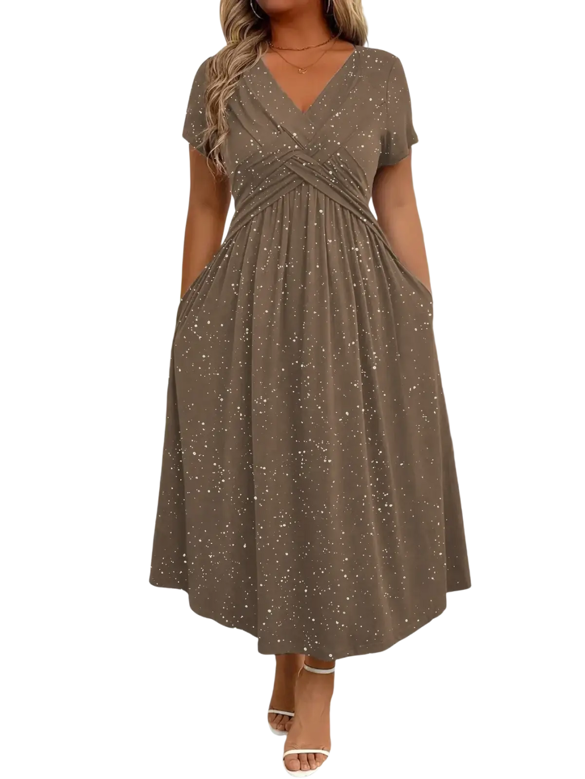 A taupe black starry midi dress with v neckline, short sleeves, and subtle glittery speckles across the fabric