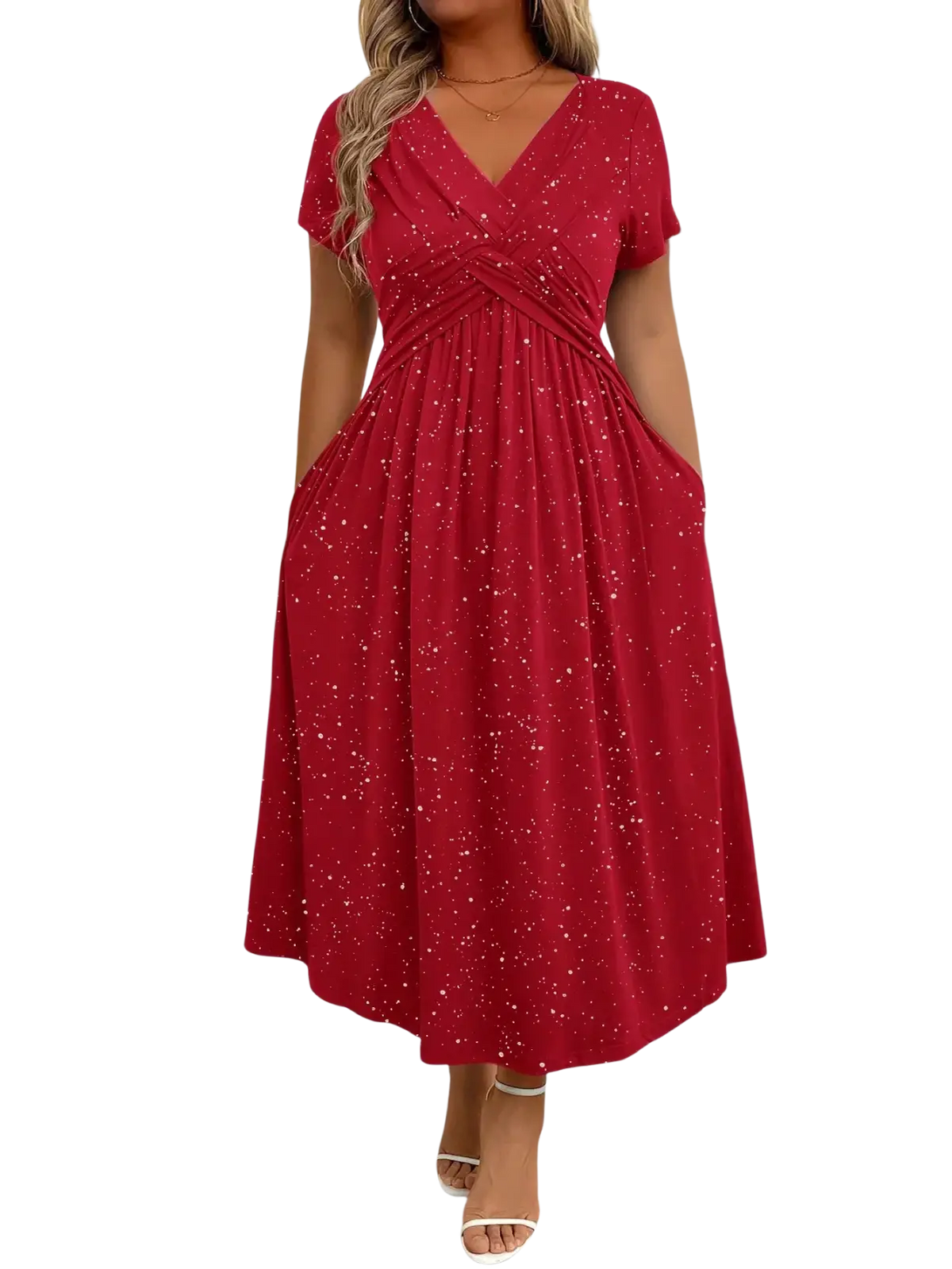A black starry midi dress with v neckline short sleeves featuring vibrant red fabric with subtle white speckles