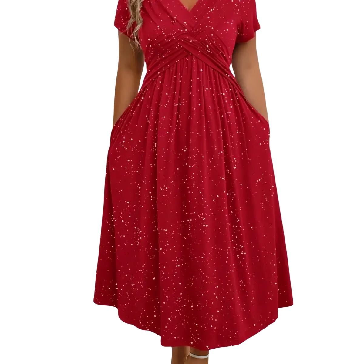 A vibrant red black starry midi dress with v neckline short sleeves and a subtle glittery speckle pattern