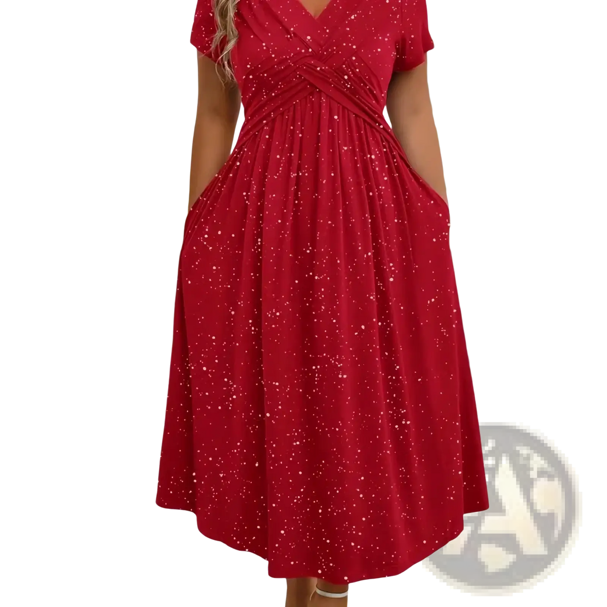 A vibrant red black starry midi dress with v neckline short sleeves and a subtle glittery speckle pattern