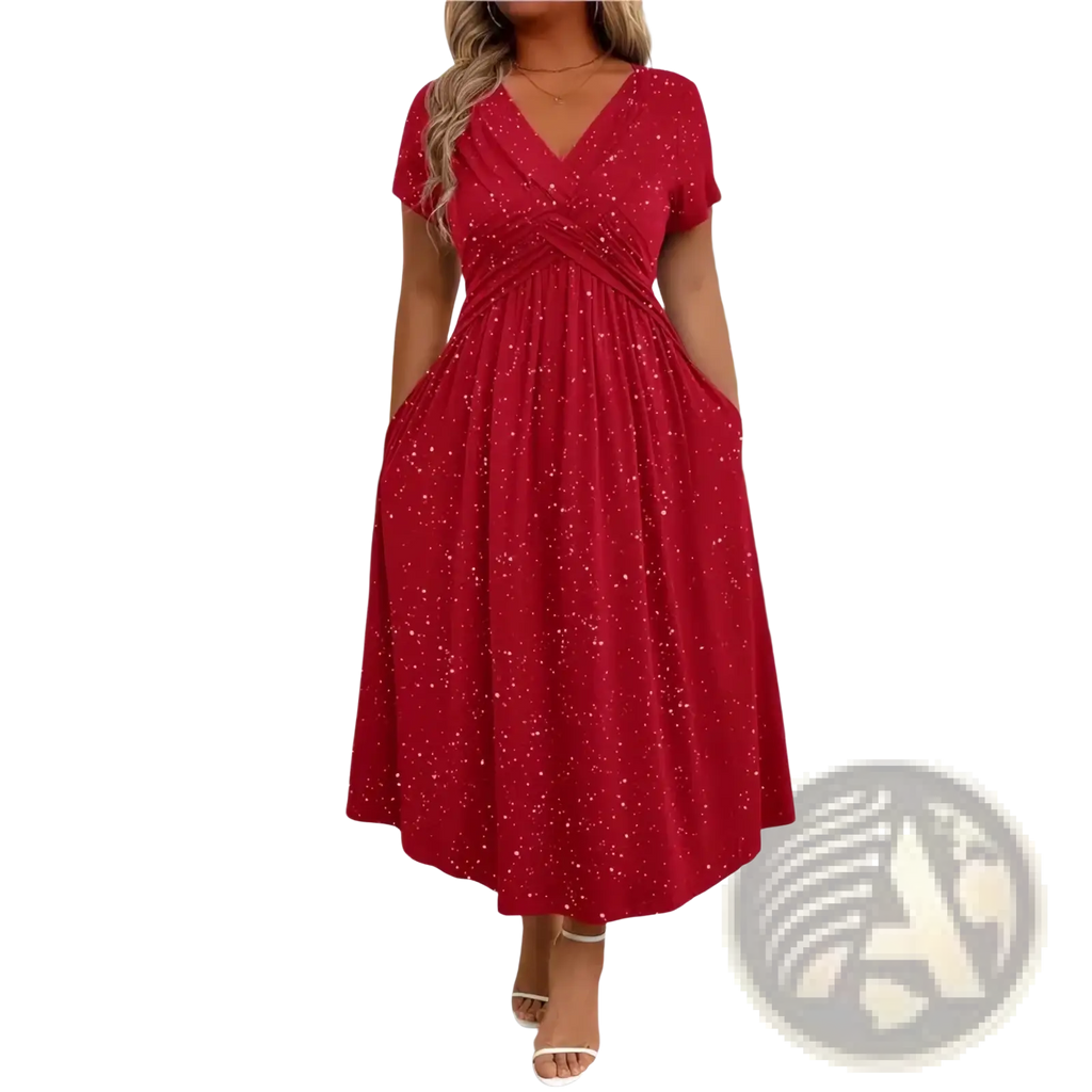 A vibrant red black starry midi dress with v-neck short sleeves and subtle glittery speckles on the fabric