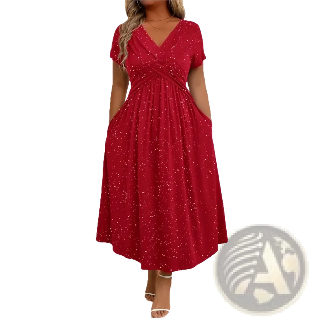 A vibrant red black starry midi dress with v neckline short sleeves and subtle glittery texture