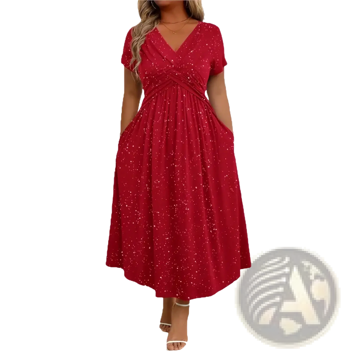 A vibrant red black starry midi dress with v neckline short sleeves and subtle glittery texture