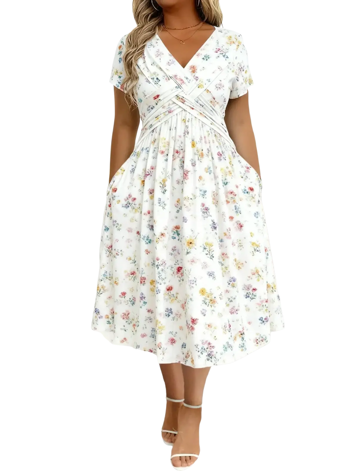 A white floral print midi dress with a v-neckline and short sleeves from the Black Starry collection
