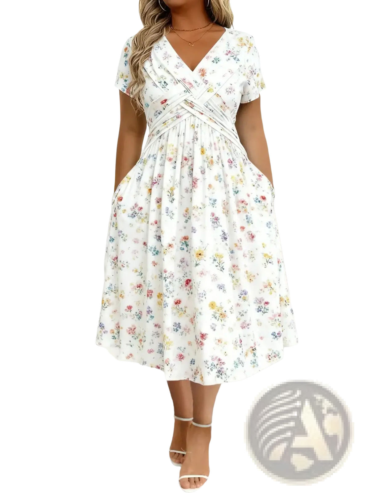 A white floral print midi dress with a v-neckline and short sleeves from the Black Starry collection
