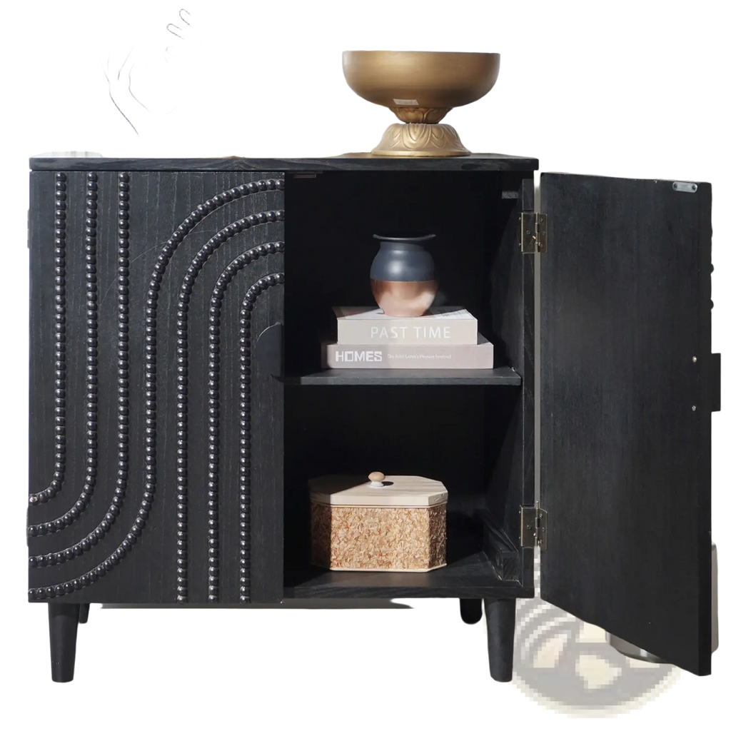Black storage cabinet with arched beaded door patterns on the front and slender legs for sideboard use