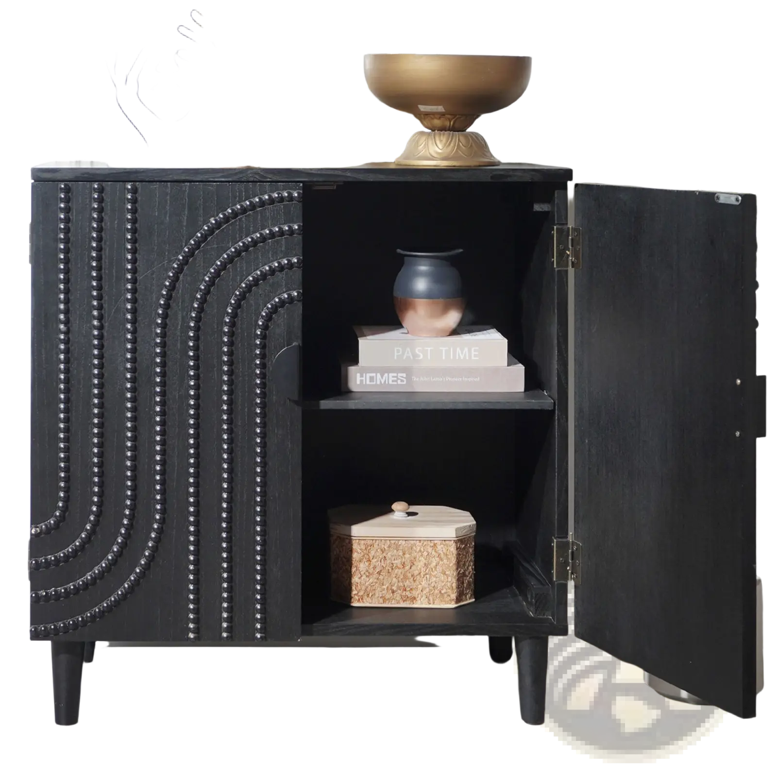 Black storage cabinet with arched beaded door patterns on the front and slender legs for sideboard use