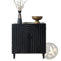 Black storage cabinet with arched silver-studded door design and round black handle 30in sideboard