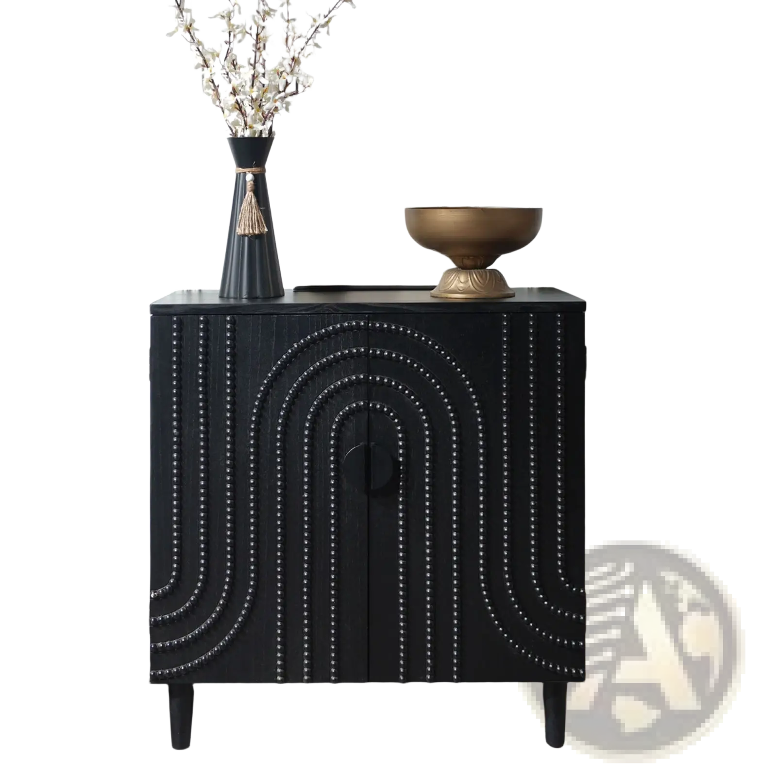 Black storage cabinet with arched silver-studded door design and round black handle 30in sideboard
