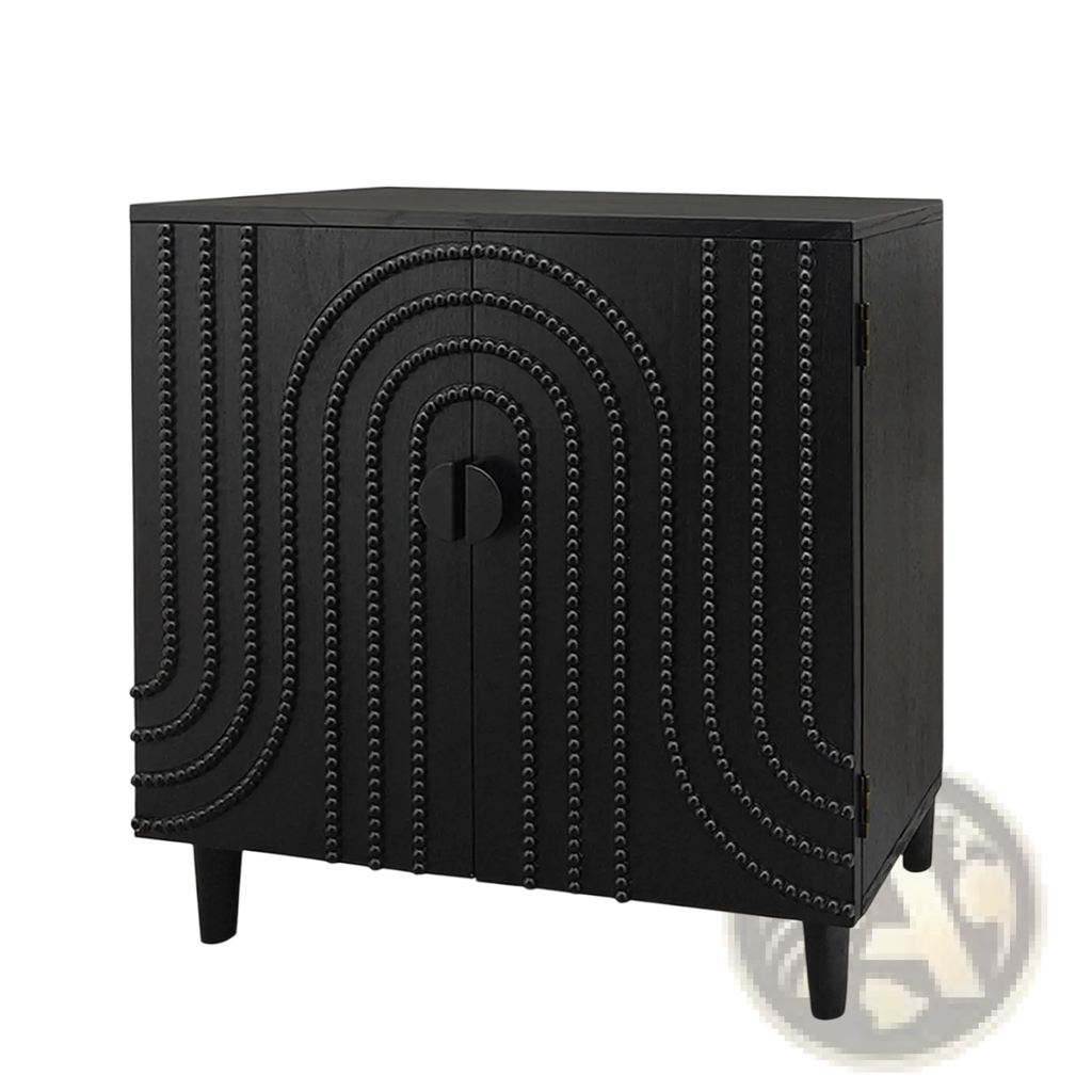 Black storage cabinet with arched beaded door and minimalist handle in a 30 inch sideboard design