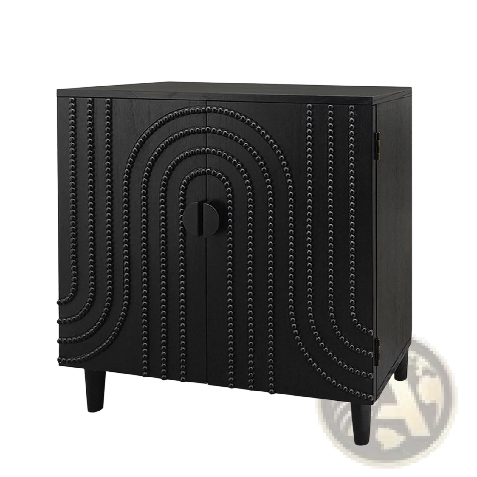 Black storage cabinet with arched beaded door and minimalist handle in a 30 inch sideboard design