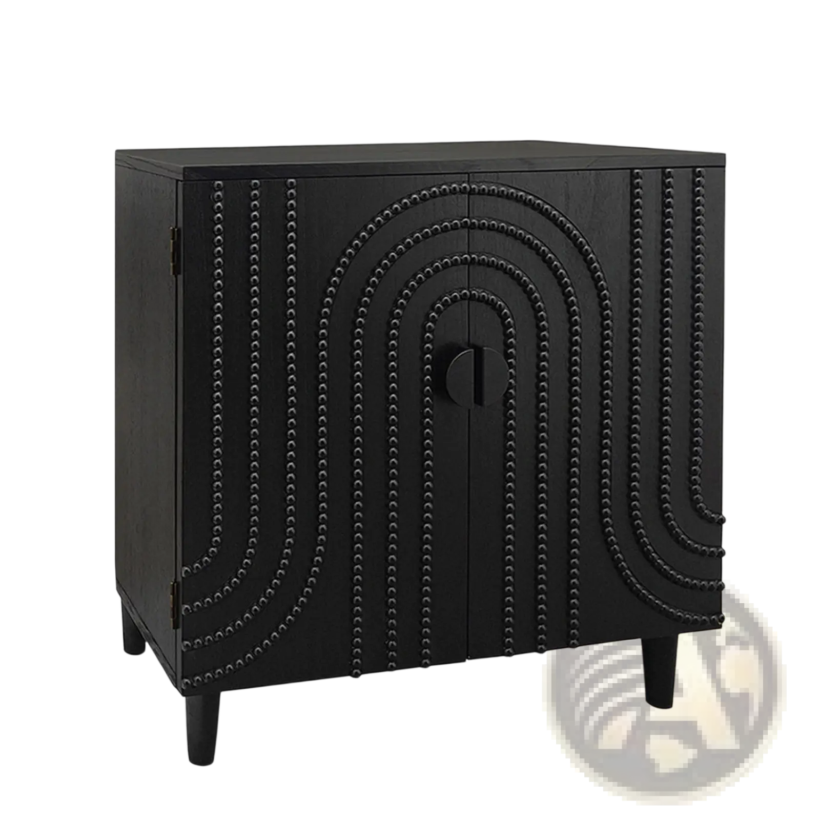 Black storage cabinet with arched beaded door and curved rows of decorative studs in an arch pattern