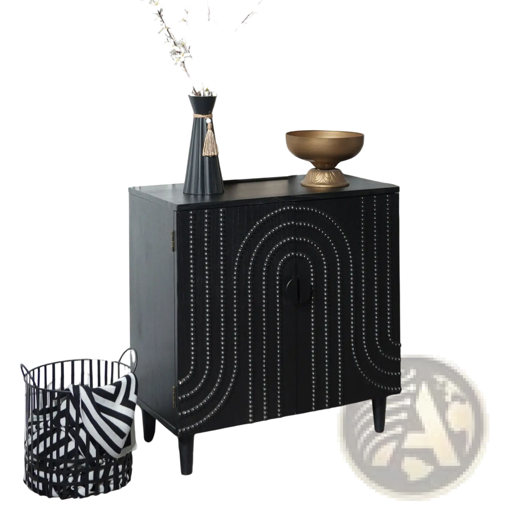 Black storage cabinet with arched beaded door and curved studded design ideal for elegant home organization