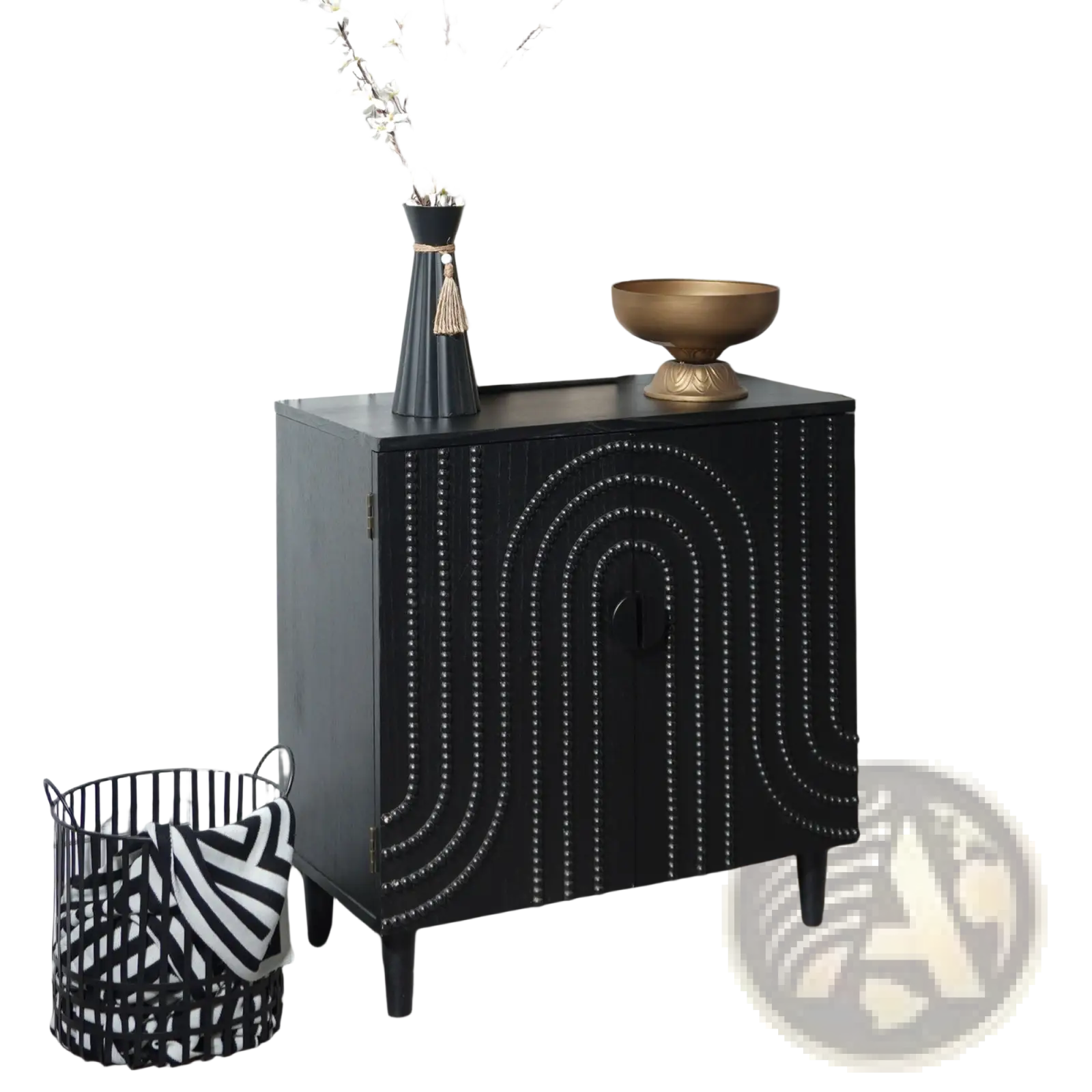 Black storage cabinet with arched beaded door and curved studded design ideal for elegant home organization