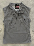 Vintage 1950s black and white striped sleeveless cotton blouse with a prominent bow at the neckline