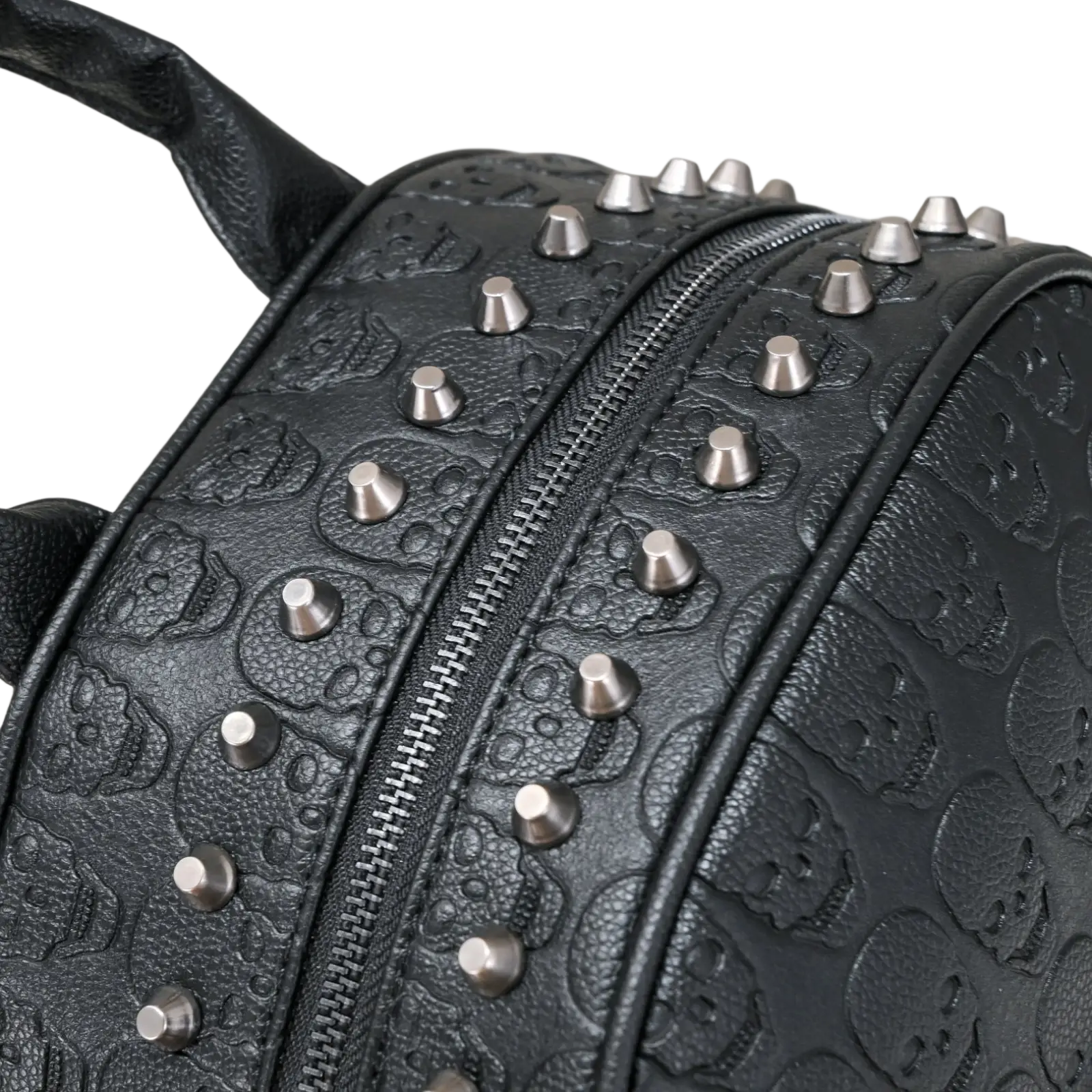 Black studded skull leather commute backpack featuring silver-toned studs and embossed skull patterns
