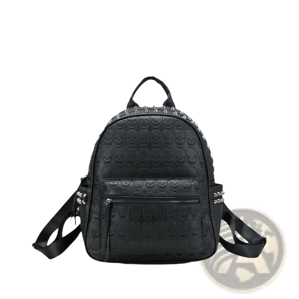 Black studded skull leather commute backpack in black featuring embossed skull pattern and silver-toned studs