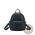 Black studded skull leather commute backpack in black featuring embossed skull pattern and silver-toned studs