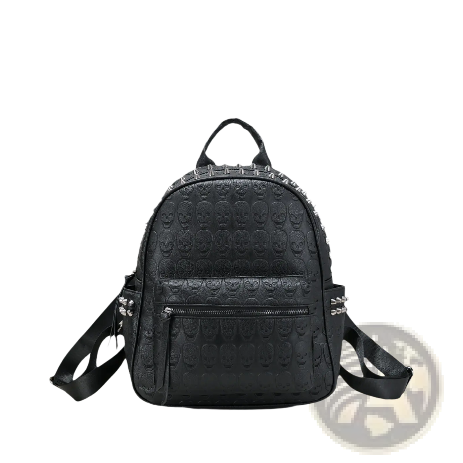Black studded skull leather commute backpack in black featuring embossed skull pattern and silver-toned studs