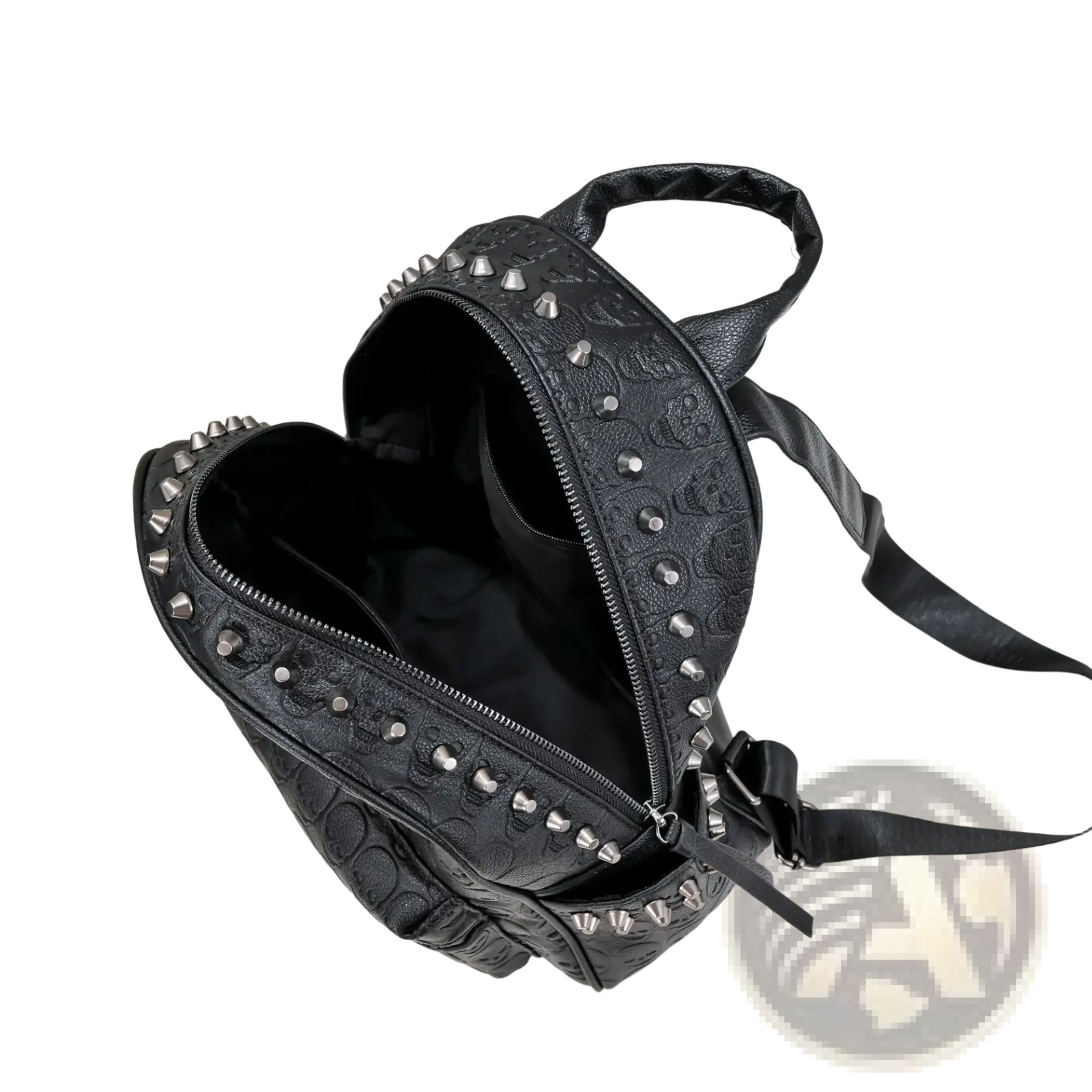 Black studded skull leather commute backpack with embossed skull pattern and leather straps shown from the back side
