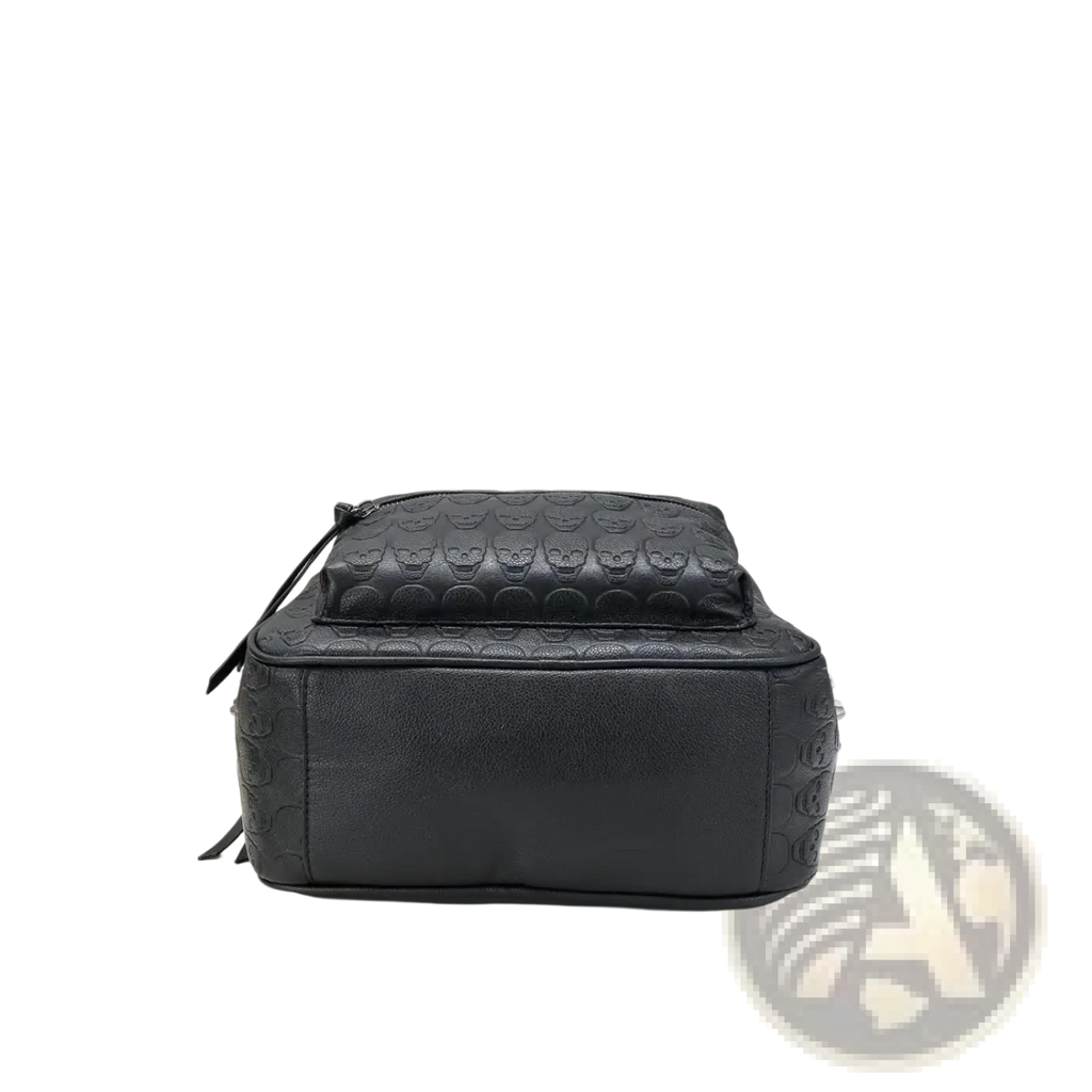 Black studded skull leather commute backpack in black leather with embossed skull pattern and zipper closure