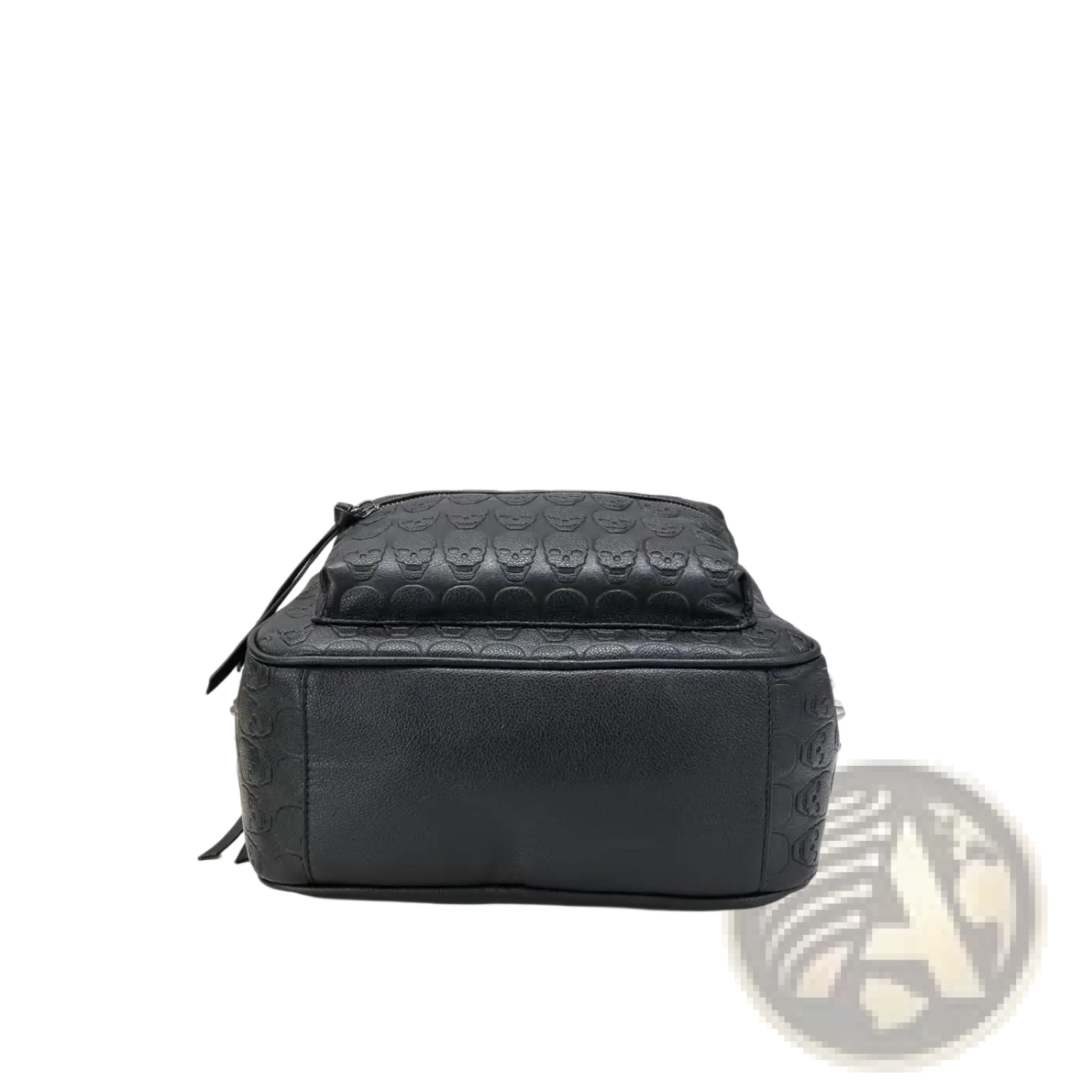Black studded skull leather commute backpack in black leather with embossed skull pattern and zipper closure