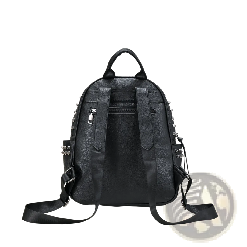 Black studded skull leather commute backpack in black faux leather with silver studs along sides and straps