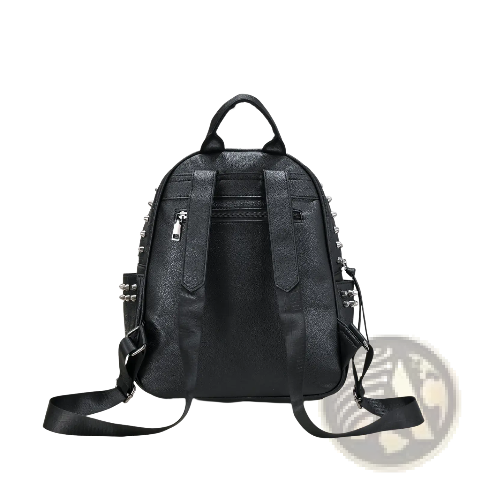Black studded skull leather commute backpack in black faux leather with silver studs along sides and straps